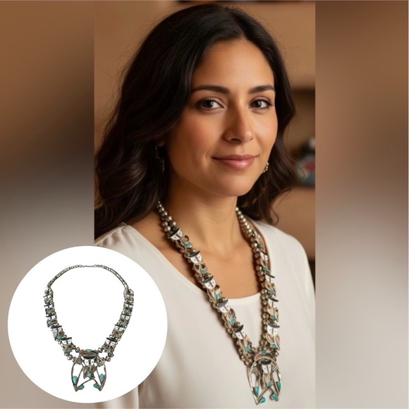 Sterling Silver Zuni Inlay Owl Squash Blossom Necklace Signed PITKIN PW NATEWA